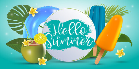Hello summer banner template with popsicle ice cream, coconut coctail and palm leaves. Typography badge. Vector