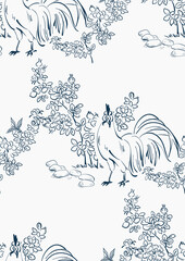 Naklejka premium rooster japanese chinese design sketch ink paint style card seamless pattern
