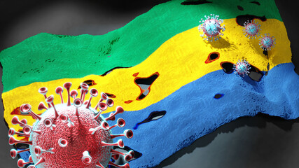 Covid in Gabon - coronavirus attacking a national flag of Gabon as a symbol of a fight and struggle with the virus pandemic in this country, 3d illustration