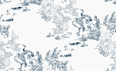 cran japanese chinese design sketch ink paint style card seamless pattern