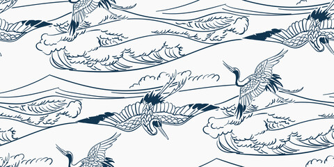 cran japanese chinese design sketch ink paint style card seamless pattern