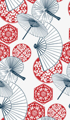 fan flower japanese chinese design sketch ink paint style card seamless pattern