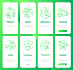 Meal plan and dieting related green gradient onboarding mobile app page screen set. Walkthrough 4 steps graphic instructions with concepts. UI, UX, GUI vector template with linear color illustrations