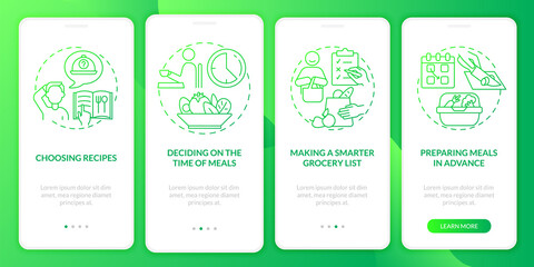 Meal planning basics green gradient onboarding mobile app page screen. Prepare meals walkthrough 4 steps graphic instructions with concepts. UI, UX, GUI vector template with linear color illustrations