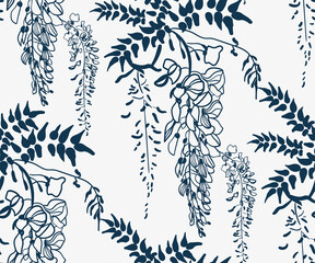 wisteria flower japanese chinese design sketch ink paint style card seamless pattern