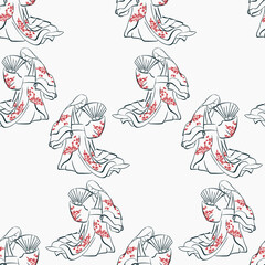 komono woman girl japanese chinese design sketch ink paint style card seamless pattern