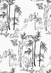 mountain landscape asian chinese japanese engraved vector seamless pattern