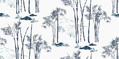 mountain landscape asian chinese japanese engraved vector seamless pattern - 452694836