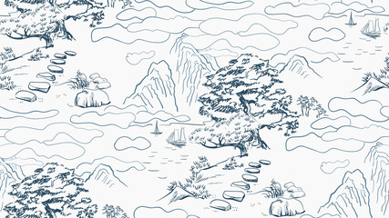 mountain landscape asian chinese japanese engraved vector seamless pattern