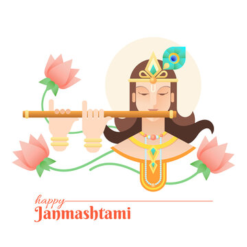 Beautiful Happy Krishna Janmashtami Art Work With Flute