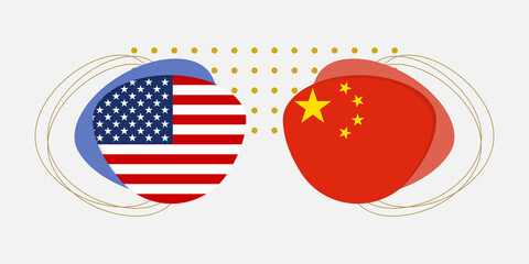 China and USA flags. Chinese and American national symbols with abstract background and geometric shapes. Vector illustration.