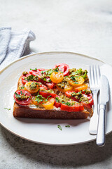 Toast with tomatoes, pesto and curd cheese. Italian cuisine concept.