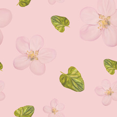 summer, spring illustration of flowers and leaves on a pink background, repeating ornament 