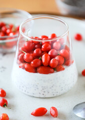 Healthy chia pudding with goji berries in a Japanese style glass