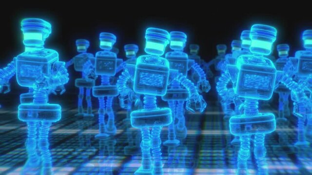 Seamless animation of a neon army of walking robots . Funny futuristic sci-fi background.