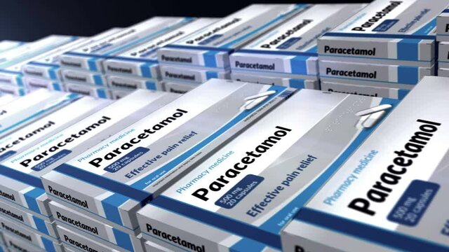 Paracetamol pain relief tablets box production line. Emergency painkiller, headache analgesic and help medical pills pack factory. Abstract concept 3d rendering loopable seamless animation.