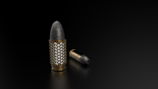Decorative Pistol Diamods Cartridge Bullet. Isolated on Black background. 3D Rendering