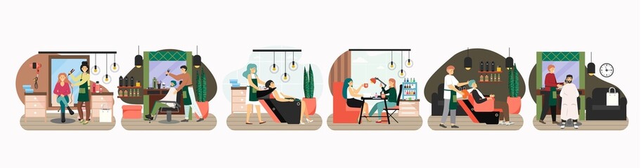 Hair and beauty salon, barbershop scene set, flat vector illustration. Manicure, hairstyle, haircut. Hairdressing saloon