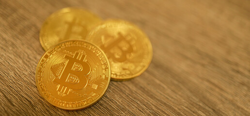 Cryptocurrency symbol bitcoin. Gold Digital Currency Money Investing in virtual assets. Hand hold Golden bitcoin Investment market trend financial world cryptocurrency and technology