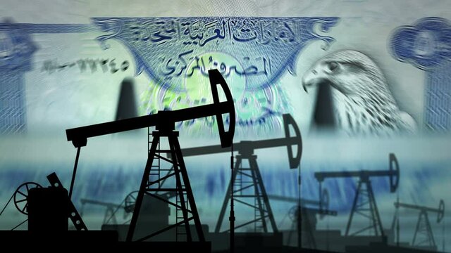 Arab Emirates Dubai Dirhams money counting machine with oil pump. Petroleum rig and fuel business with banknotes count. Economy abstract concept background loopable and seamless.