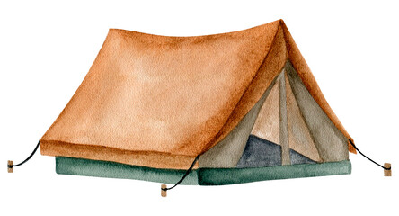 Tourist tent drawn element. Watercolor illustration. Isolated clipart element on white background