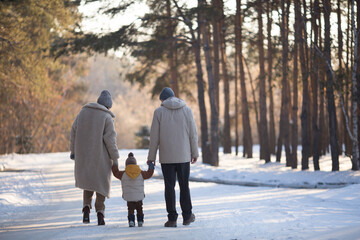 Fototapeta na wymiar family dad mom and baby walk in a pine park forest in winter