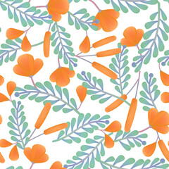 Vector Summer Wild Flower Seamless Fabric or Wrapping Paper Pattern, Orange and Blue.	
