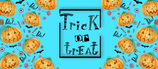 Halloween Poster with Halloween candy and Halloween pumpkin orange. Lettering Trick or treat