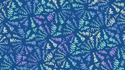 seamless pattern, surface design, abstract graphic objects similar to fireworks. Multicolored zigzags on a dark blue background. For fabric, wallpaper, packaging paper, etc.