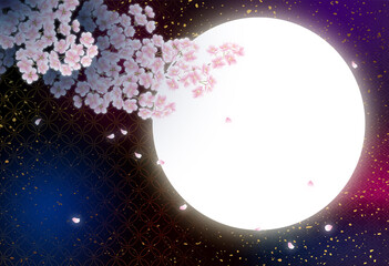 夜桜と満月の和風パターンの背景画像
