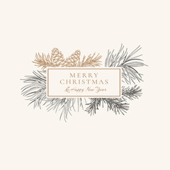 Christmas abstract card with fir and pine branches and cones. Black background and golden greeting.