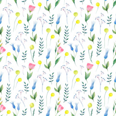 Seamless watercolor pattern with multicolored flowers on a white background