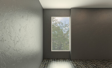 Spacious bathroom in gray tones with heated floors, freestanding tub. 3D rendering.