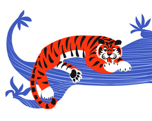 A tiger lying on a tree branch licks a paw. An illustration, a hand-drawn drawing, a graphic element for the designer.