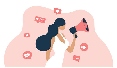 Beautiful woman shouting in loud speaker with social media icons. Influencer social media marketing concept and blogger vector illustration