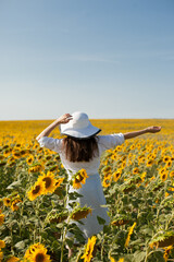 Fototapeta na wymiar Young woman dancing in a field of sunflowers