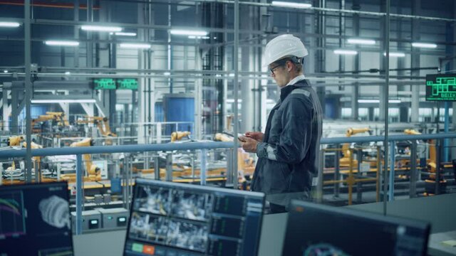 Handsome Engineer in Uniform and Hard Hat Using Tablet Computer at a Car Assembly Plant. Industrial Specialist Working on Vehicle Design, Overlooking Production in Technological Facility.
