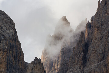 Scenery in the Dolomite Mountains in summer, with dramatic storm clouds