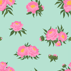 Floral vector seamless pattern with blooming peony flowers, buds, bouquet, garland, leaves. Vintage hand drawn background for decoration, wrapping, textile, fabric.