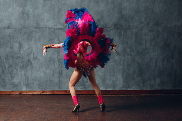 Woman in brazilian samba carnival costume with colorful feathers plumage.