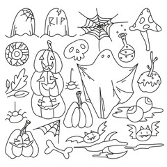 Halloween concept. hand drawn set of doodle outline Halloween elements. bat, poison, mushroom, cute ghost, pumpkin, bone, caramel apple, eyes, leaves, skull, spider, moon. isolated vector illustration
