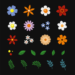 Obraz premium Flowers and Leaf Icons Set on Black Background. Vector