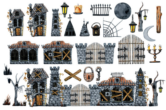 Vintage old castle set of elements for Halloween holiday scene design. Hand drawn watercolor illustration isolated on white white. Haunted house, landscape, landscape for Halloween holiday design