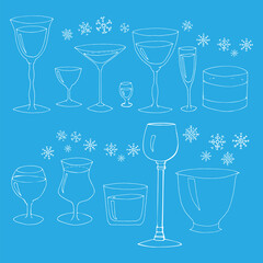 Handmade vector illustration for festive design. A set of glassware, glasses. Doodle style.