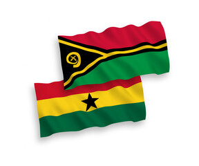 National vector fabric wave flags of Republic of Vanuatu and Ghana isolated on white background. 1 to 2 proportion.