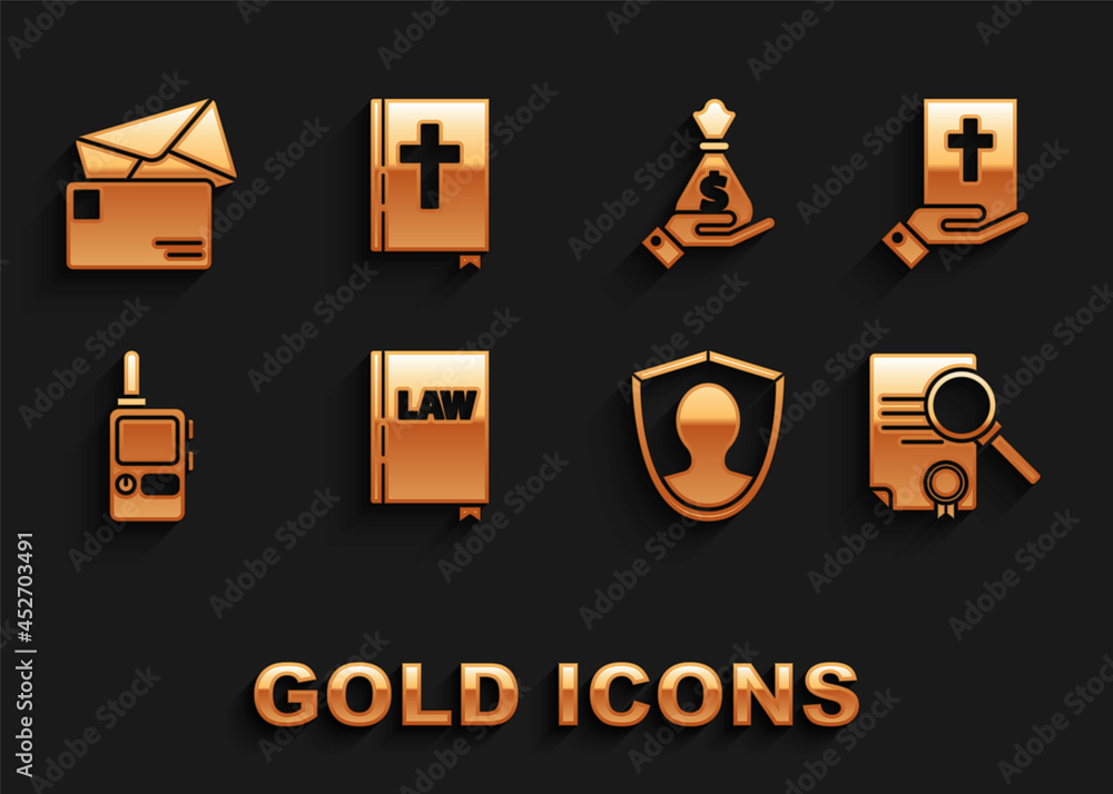 Poster Set Law book, Oath on the Holy Bible, Document with search, User protection, Walkie talkie, Hand holding money bag, Envelope and bible icon. Vector