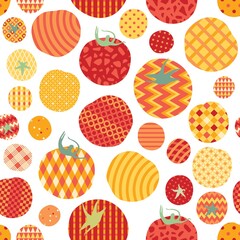 Bright seamless pattern with tomatoes in patchwork style. Vegetables with ornaments in red and yellow colors on white background.