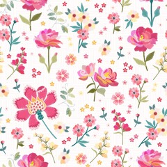 Seamless natural pattern with delicate embroidered satin stitch flowers with pink and yellow petals on a white background. Fabric print, wallpaper sample.