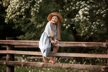 Obraz premium a little girl in a blue linen dress and a straw hat climbs fences in the village in summer