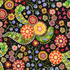 Hearts, flowers and leaves drawn in a fairy-tale style on a black background. Bright seamless ornament in vector.